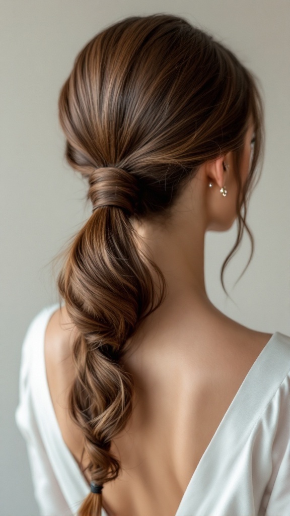 Sleek ponytail hairstyle for modern brides with a twist at the base.