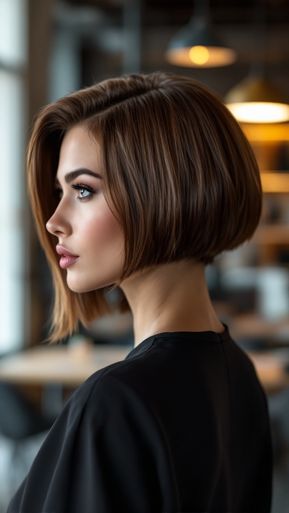 A woman with a sleek side-parted bob hairstyle, showcasing a polished look with smooth hair texture.