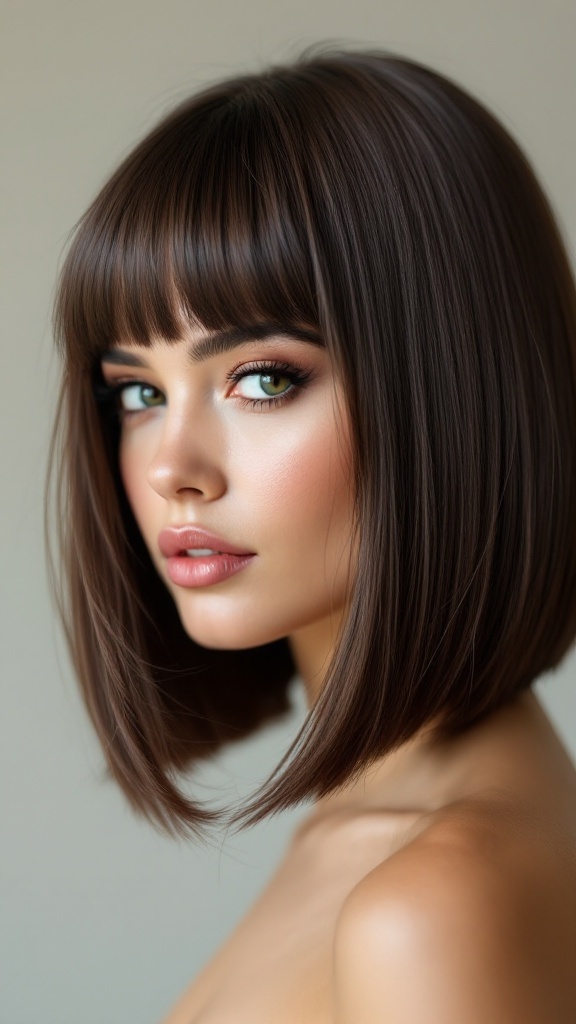 A model with a sleek straight bob haircut, featuring bangs and a polished appearance.