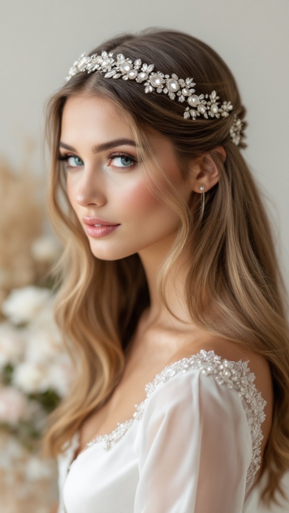 Bride with sleek straight hair wearing a decorative hairband