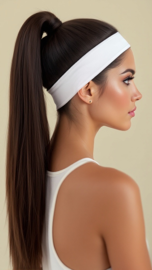 A woman with sleek straight hair styled in a high ponytail, wearing a white headband.