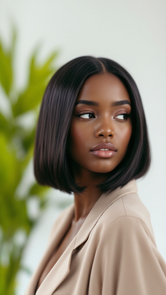 A woman with sleek straight short hair, wearing a stylish outfit, with a neutral background and a green plant.
