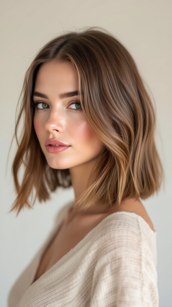 A model with sleek, straight shoulder-length hair styled with a middle part, showcasing a polished and elegant look.