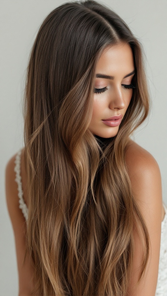 Model with sleek straight medium length hair styled with a side part