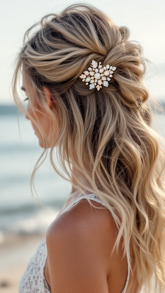 A woman with soft beach waves styled with a hair clip, showcasing a relaxed bridesmaid hairstyle.