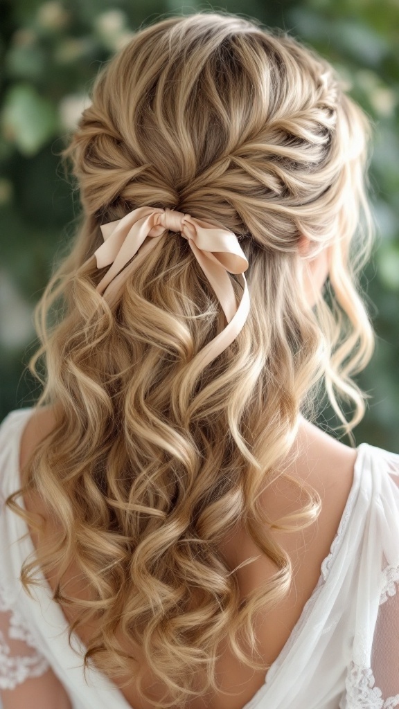 A beautiful hairstyle featuring soft curly hair adorned with a satin ribbon.