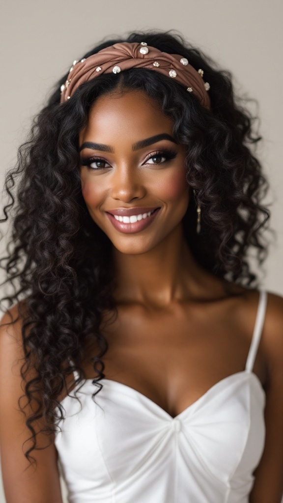 A smiling woman with soft curls and a stylish headband, showcasing a beautiful hairstyle for bridesmaids.