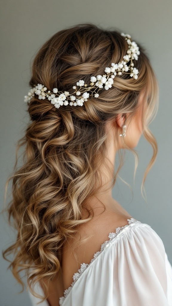 A bridesmaid with soft curls and a floral headband, showcasing a romantic hairstyle.