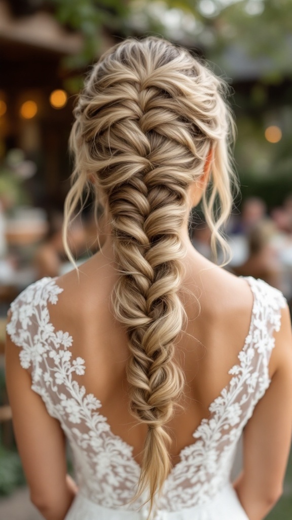 A soft fishtail braid hairstyle for the mother of the bride, showcasing elegance and a bohemian touch.