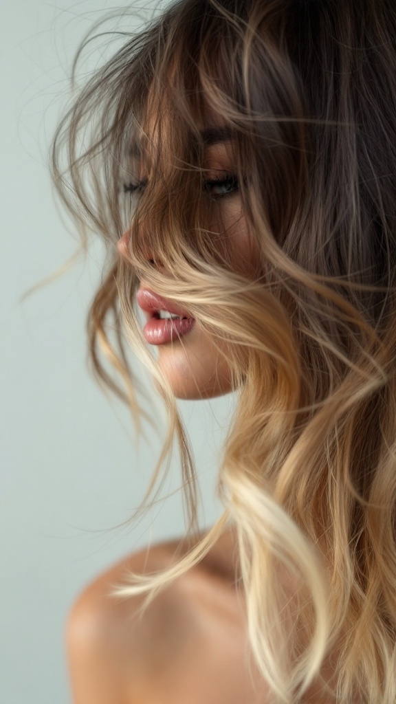 A close-up of a woman with soft honey blonde ombre hair, showcasing a natural transition from darker roots to light tips.