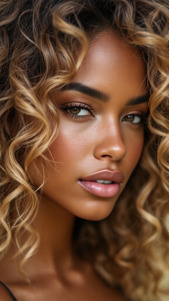 A close-up of a person with honey blonde layered curly hair on dark skin, showcasing vibrant curls and a radiant smile.
