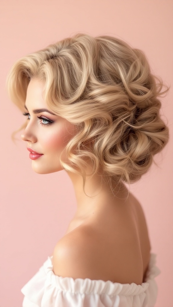 A woman with soft pin-up style curls styled elegantly for a wedding.