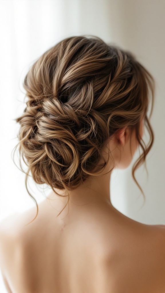 A beautiful soft textured updo hairstyle for long hair, featuring loose curls and an elegant appearance.