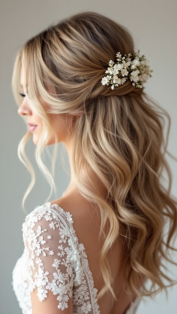 Bridesmaid hairstyle featuring soft waves and floral accents