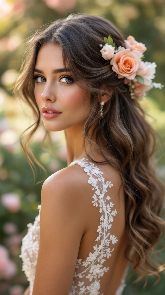 A woman with soft waves hairstyle accented with flowers, showcasing elegance and romance.