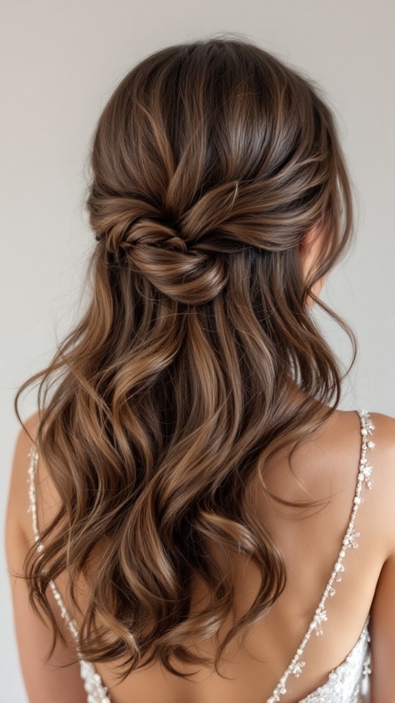 Half-up half-down wedding hairstyle with soft waves and a side twist