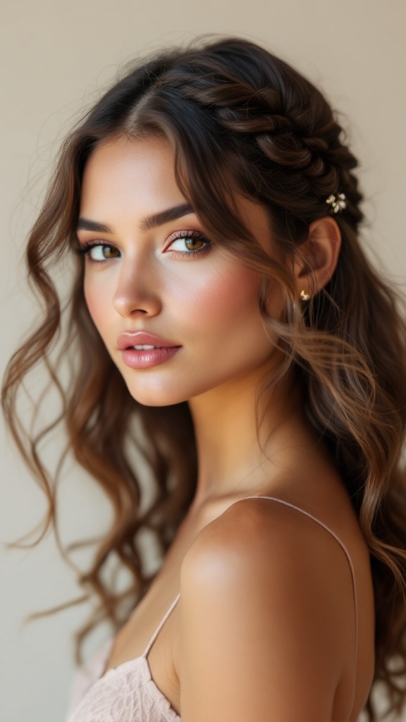 A woman with soft waves and twisted sections in her hair, featuring delicate hair accessories.