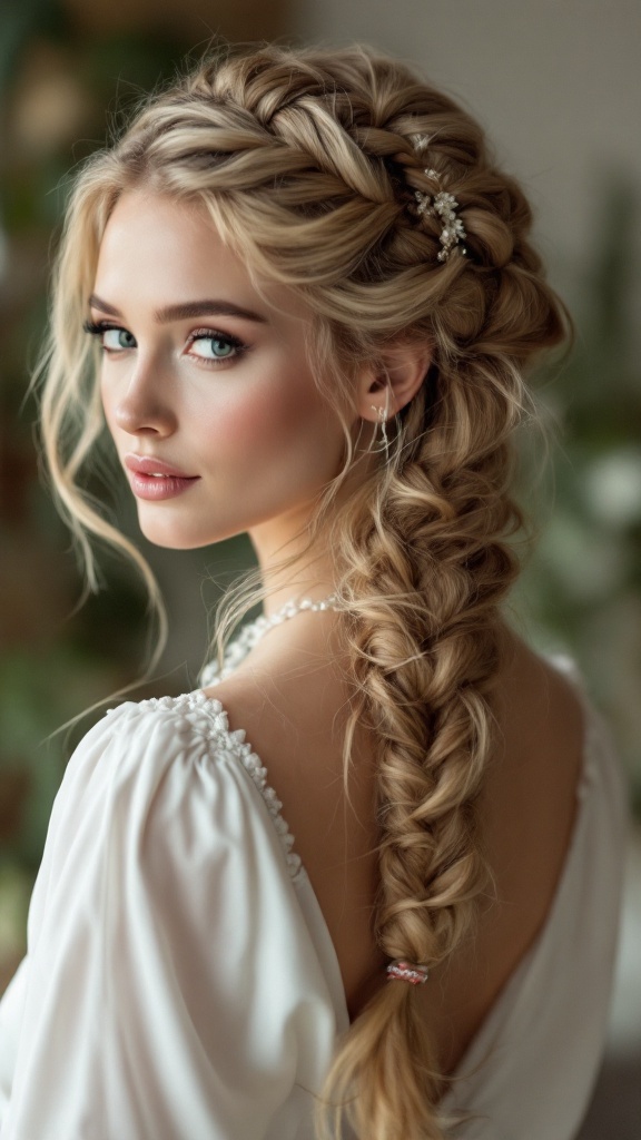 A woman with long braided hair, styled in an elegant way, inspired by Sophie Turner.