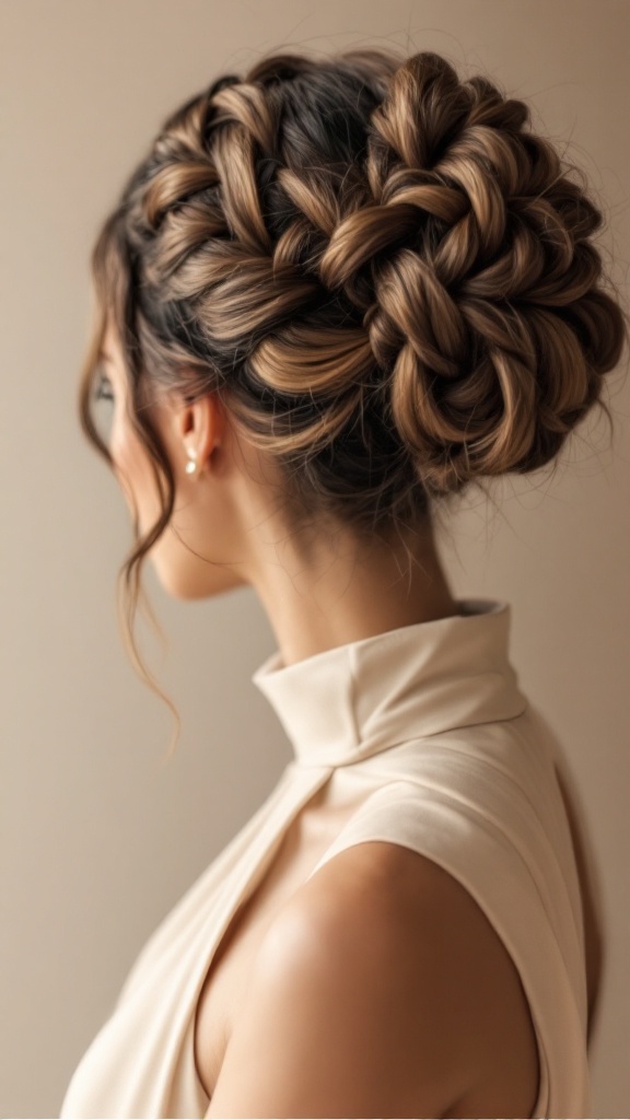A stylish chignon hairstyle with braided detail, worn by a woman in a high neck dress.