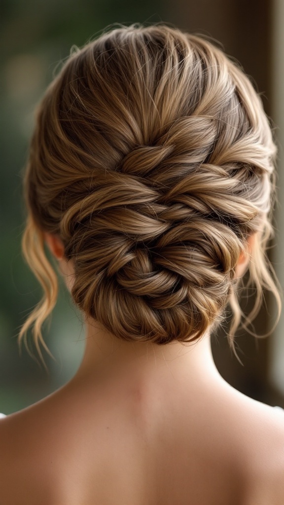 A sophisticated chignon hairstyle with braided detail, showcasing an elegant updo suitable for bridesmaids.