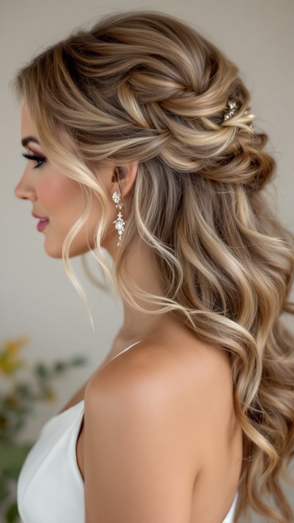A beautiful half-up half-down hairstyle for bridesmaids, featuring loose curls and an elegant twist, paired with a one-shoulder dress.