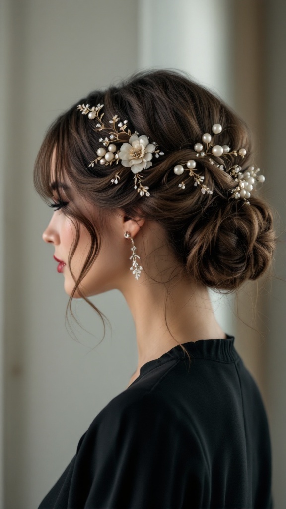 A woman with half up half down hairstyle, decorated with floral and pearl accessories.