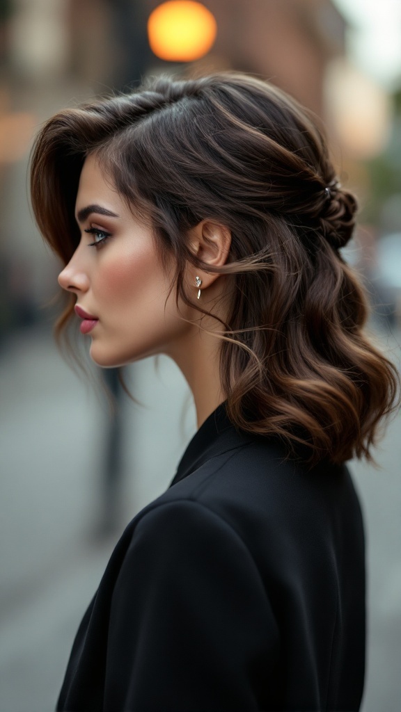 A woman with half up half down straight hair and side swept bangs, wearing a black outfit, showcasing a sophisticated look.