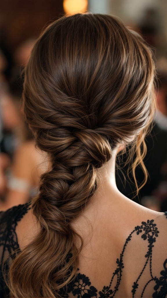 An elegant side bun hairstyle for long hair, featuring soft waves and loose strands framing the face.