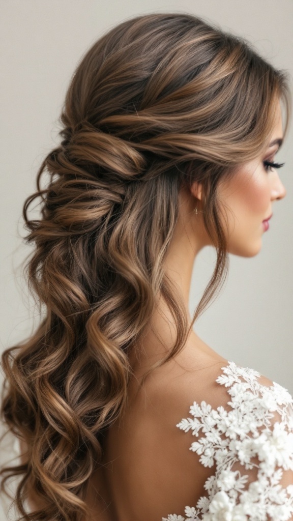 A side-swept hairstyle featuring soft curls, showcasing elegance and sophistication.
