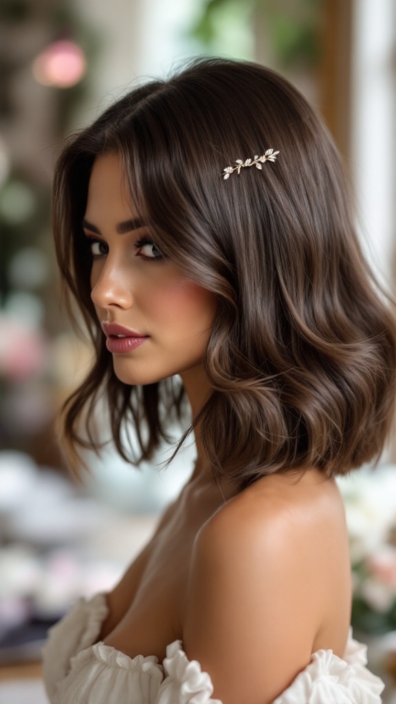 A model with a sleek lob hairstyle adorned with a delicate hair clip, showcasing a polished and elegant look.