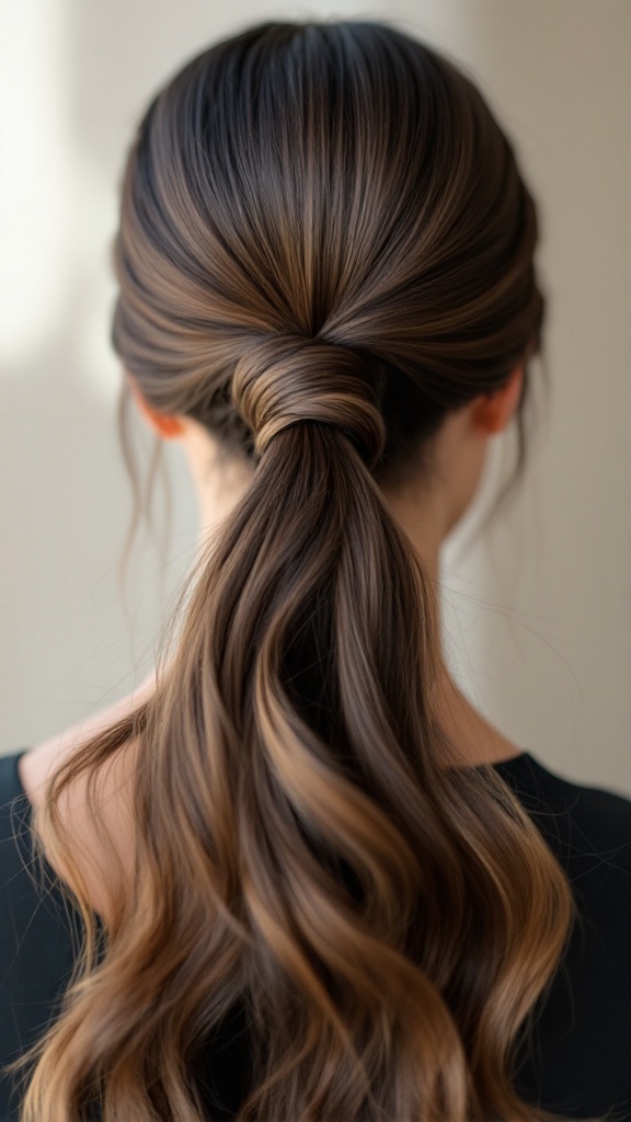 A woman with sleek hair styled into a half-up half-down ponytail, featuring a twist and soft waves
