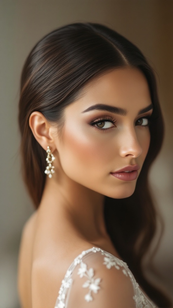 A woman with slicked-back hair showcasing elegant earrings and natural makeup.