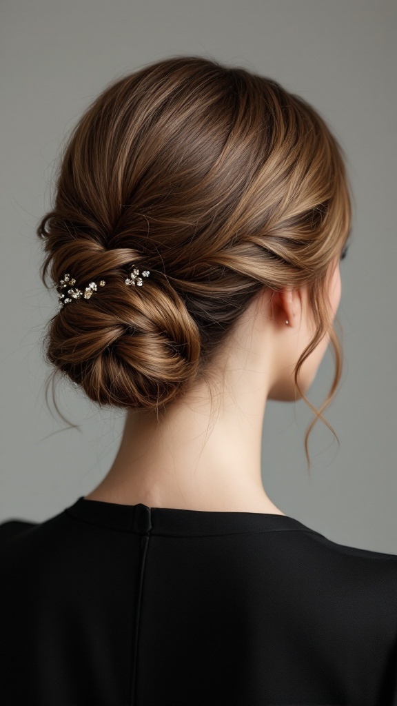 A woman with a sophisticated twisted half chignon hairstyle, featuring delicate twists and decorative pins.