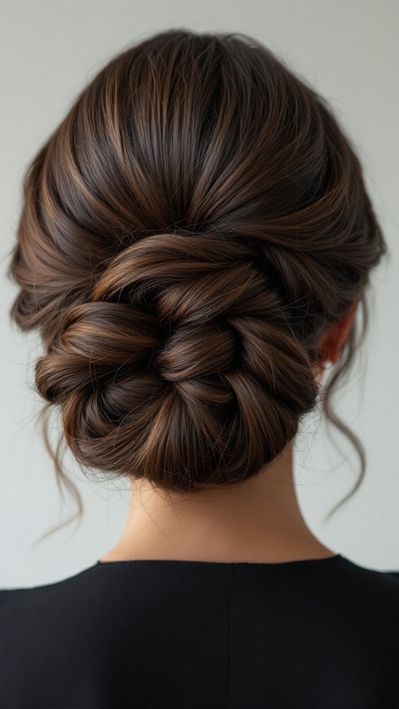 An elegant updo hairstyle with a side part, showcasing long hair styled into a neat bun.