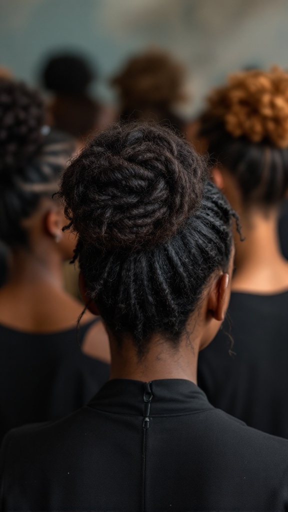 A group of people showcasing different hairstyles, highlighting a person with space buns.