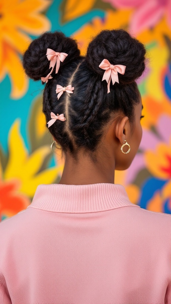 A woman with space buns hairstyle adorned with pink bows, set against a colorful floral background.