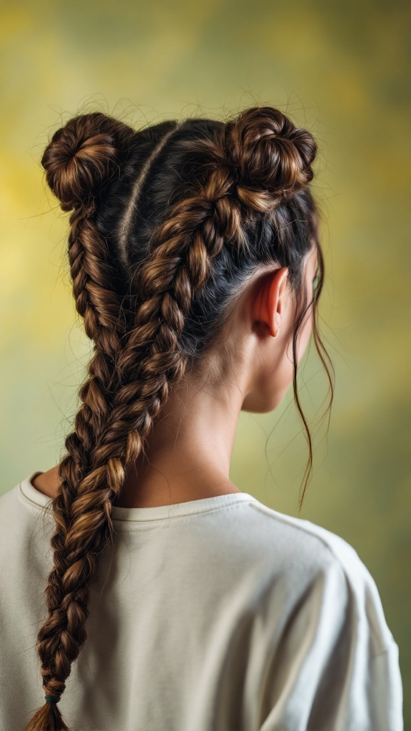 A hairstyle featuring space buns and long braids, showing a creative twist in hair fashion.