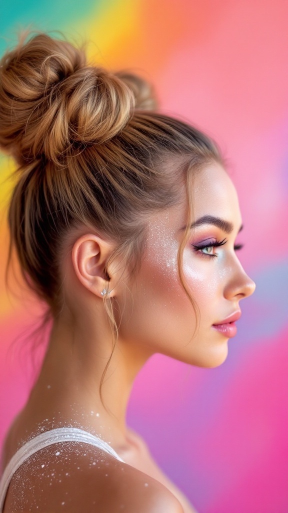 A profile view of a young woman with space buns and glitter on her face, against a colorful background.