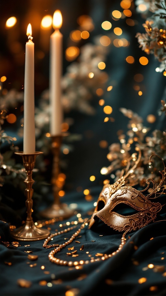 A golden masquerade mask on a deep blue tablecloth with lit candles and scattered golden confetti, creating a cozy and enchanting winter bridal shower atmosphere.