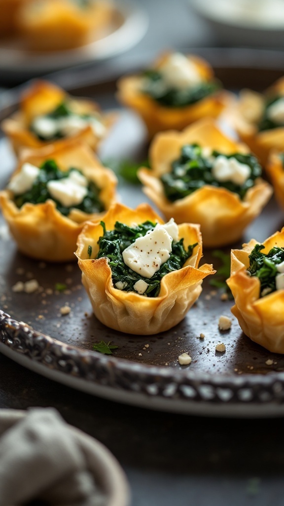 Spinach and feta stuffed phyllo cups on a decorative platter.