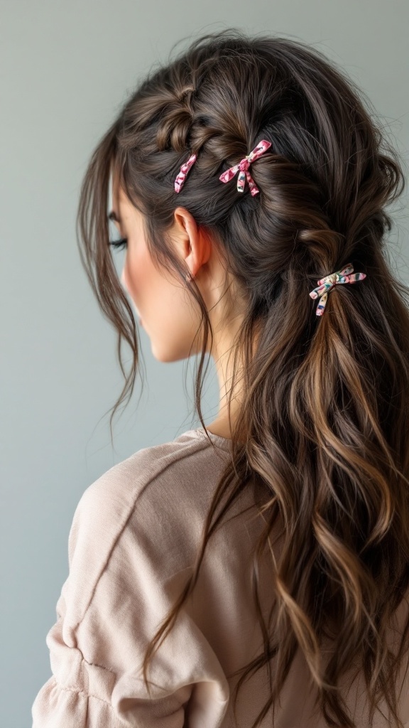 A woman with a sporty half up half down hairstyle featuring braids and colorful hair ties.