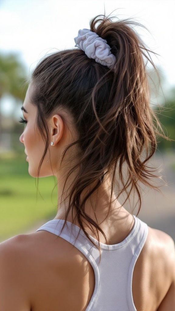 A woman with a sporty high ponytail secured with a white scrunchie, seen from the back, wearing a sleeveless shirt.