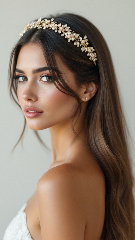 Image of a woman with straight hair styled with a decorative headband, showcasing a wedding guest hairstyle.