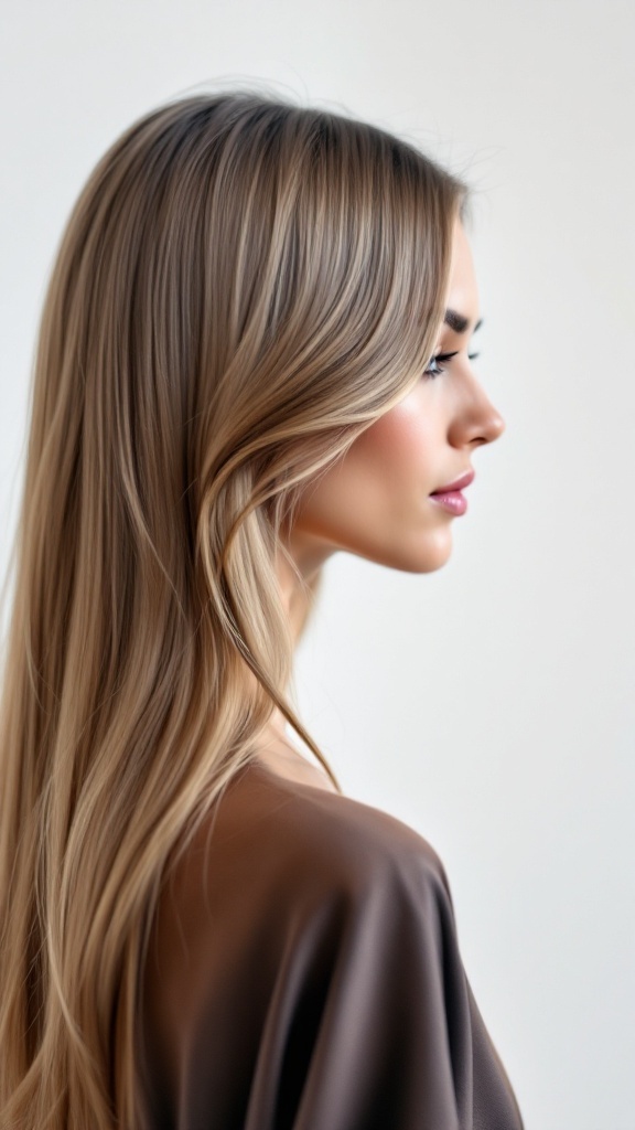 A profile view of a woman with long straight hair and side swept bangs.