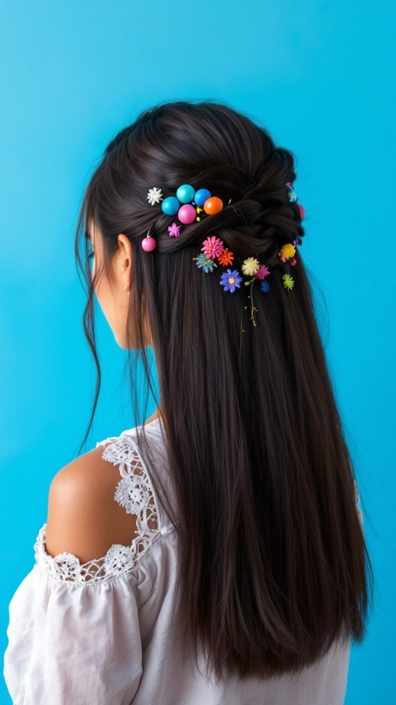 A woman with straight hair styled in a half up half down look, adorned with colorful beads and flowers.