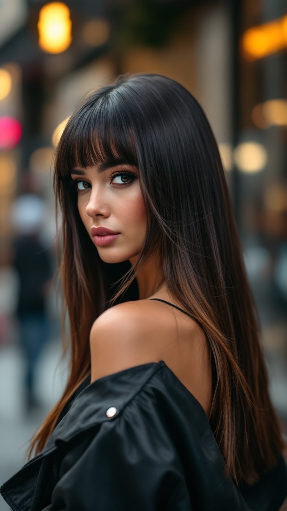 A model with long, shiny hair and straight sleek side bangs, wearing a black jacket.