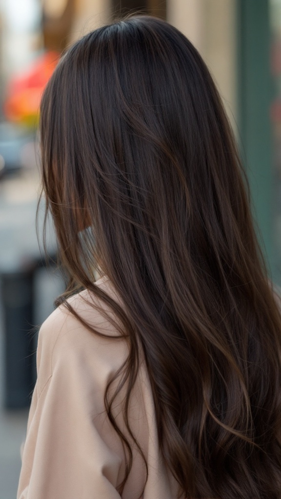 A woman with long brown hair styled with straightened ends and a side part, showcasing a sleek and elegant look.