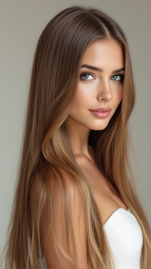 A woman with long straightened hair and a sleek middle part, showcasing an elegant hairstyle.