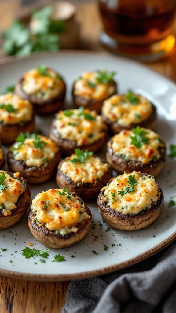 A plate of stuffed mushroom caps topped with creamy filling and garnished with parsley.