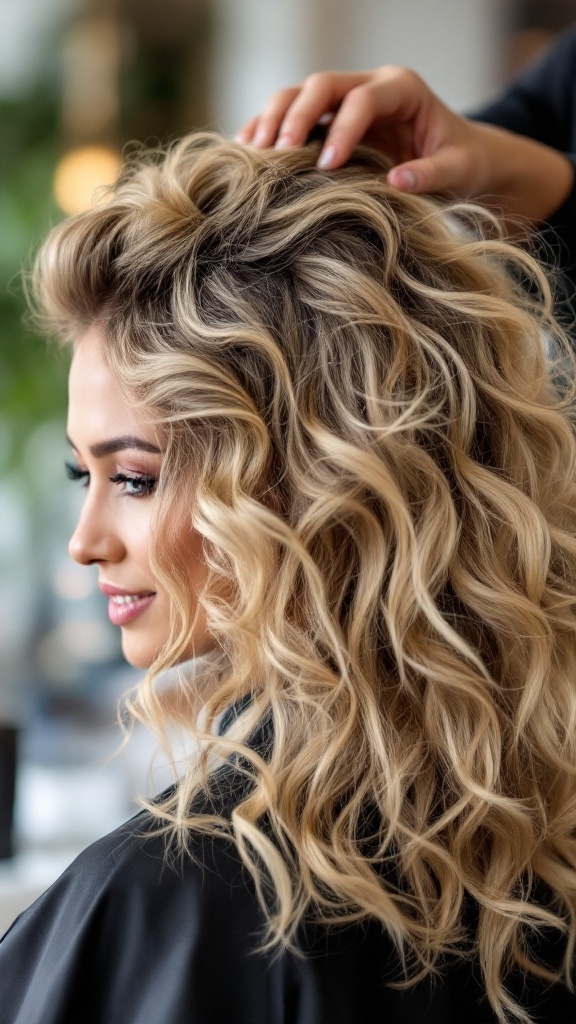 A woman with highlighted curly hair styled beautifully, showcasing the vibrant blonde highlights.
